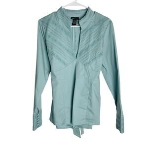 BCBG Max‎ Azria Embroidered Blouse Womens XL Blue Plunge V Neck Tie Waist NWT